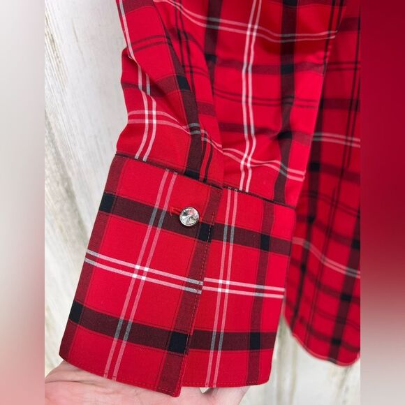 Talbots Red Plaid Perfect Popover Non Iron Bling Button Top Womens 12 - Picture 6 of 9